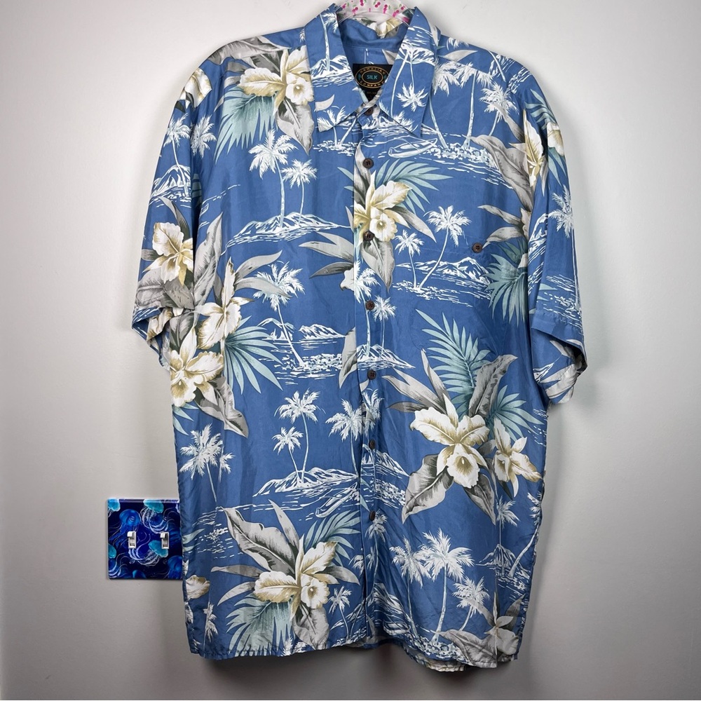 Hawaiian Silk Company Silk Floral Camp Shirt Aloha Short Sleeve Button Large